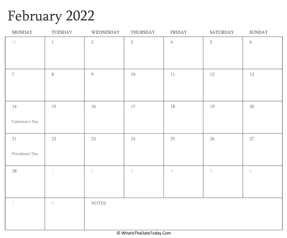 February 2022 Calendar Editable Editable Calendar February 2022 With Holidays | Whatisthedatetoday.com
