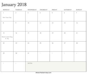 editable calendar january 2018 with holidays