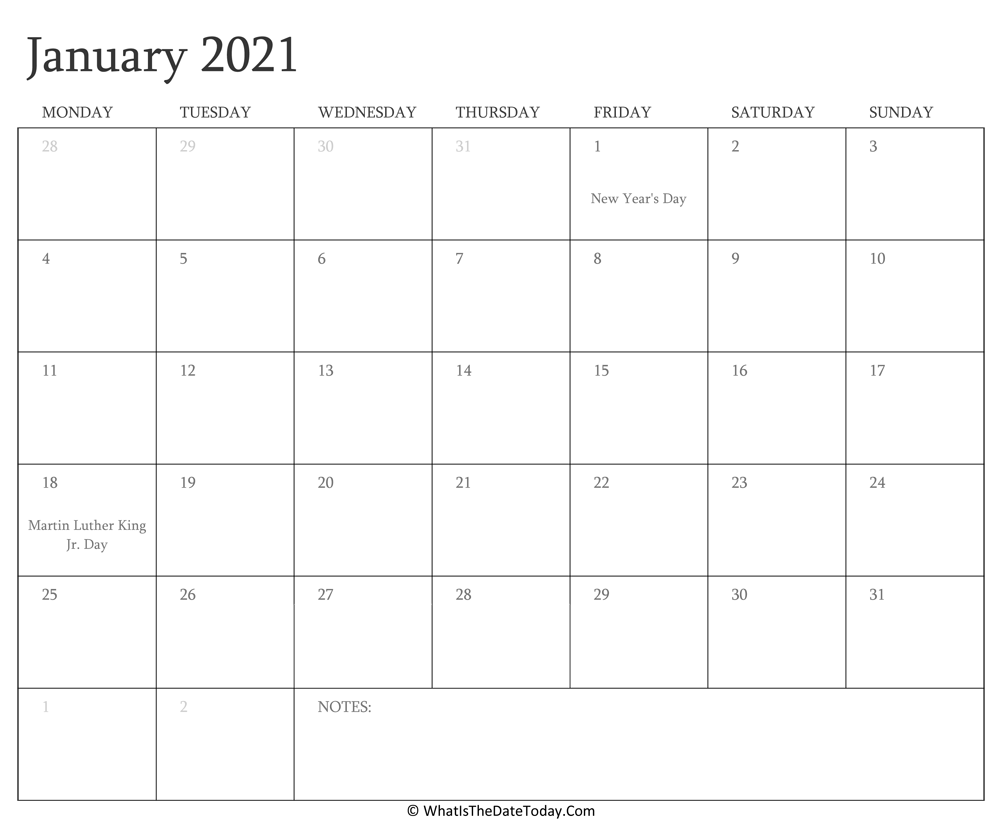 Editable Calendar january 2021 with Holidays