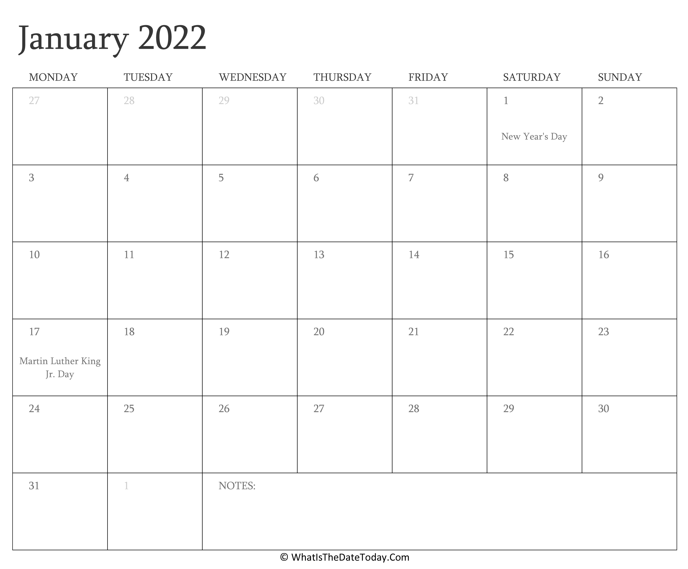 Editable Calendar January 2022 with Holidays
