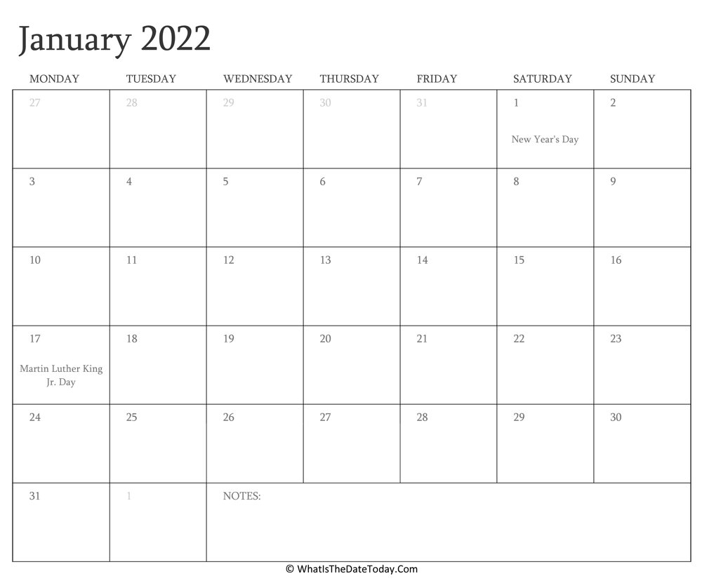 Editable Printable Calendar 2022 Editable Calendar January 2022 With Holidays | Whatisthedatetoday.com