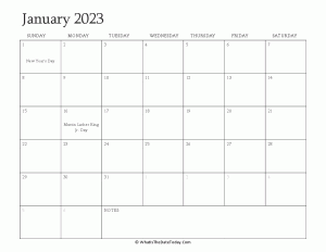 editable calendar january 2023 with holidays
