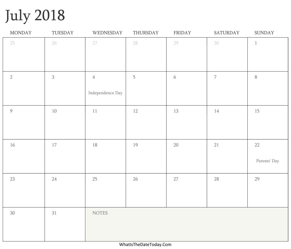 Editable Calendar july 2018 with Holidays
