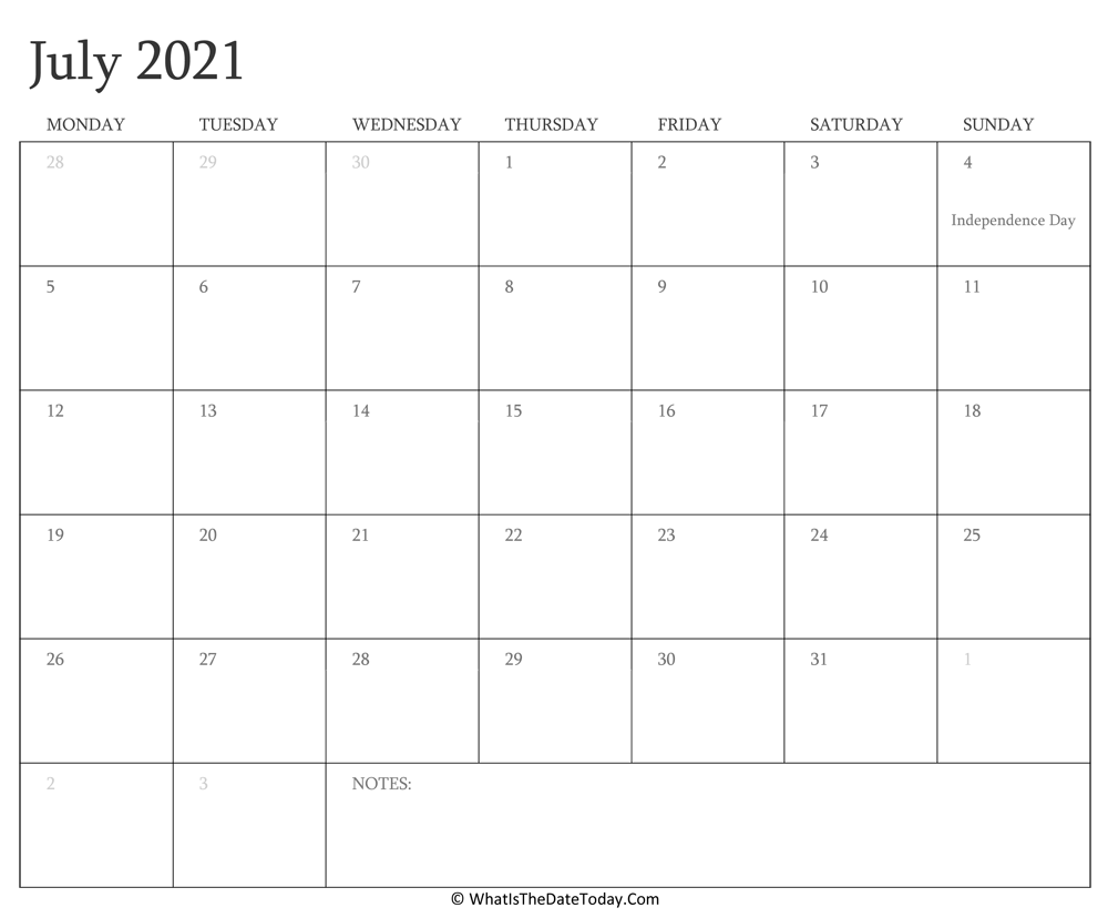 Editable Calendar july 2021 with Holidays