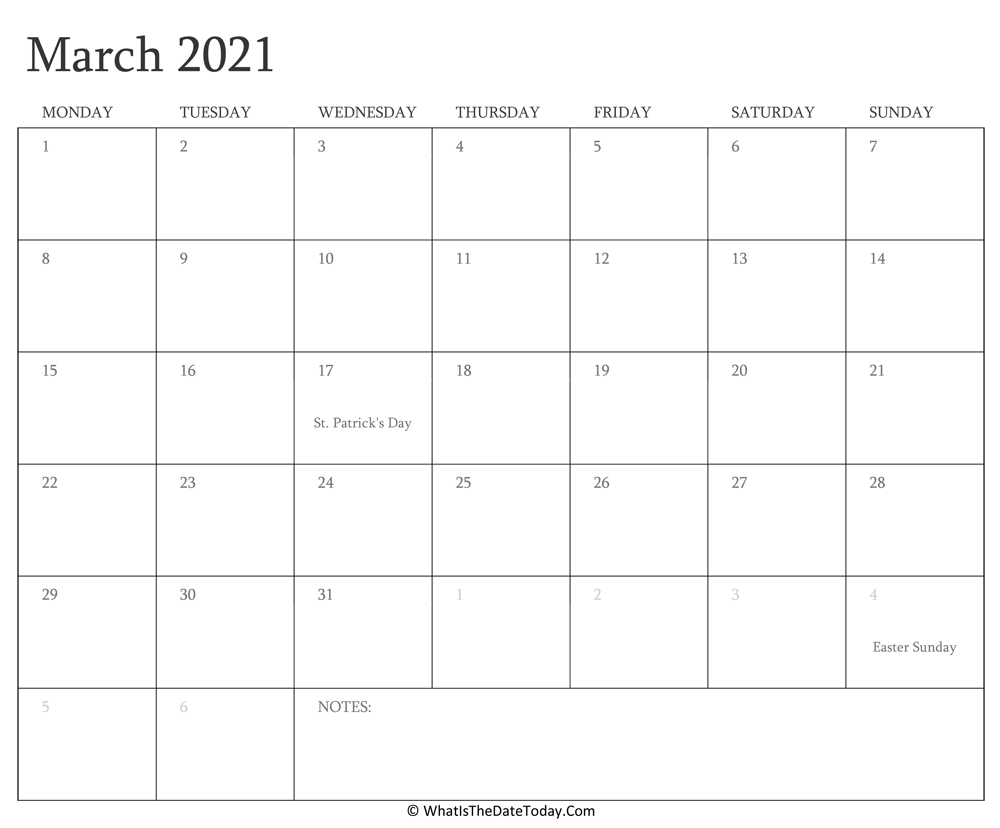 Editable Calendar march 2021 with Holidays