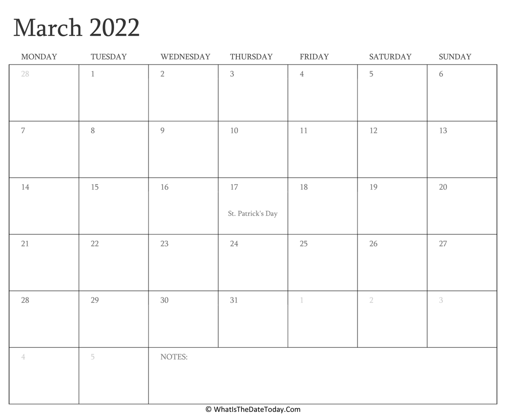 March 2022 Calendar Editable Editable Calendar March 2022 With Holidays | Whatisthedatetoday.com