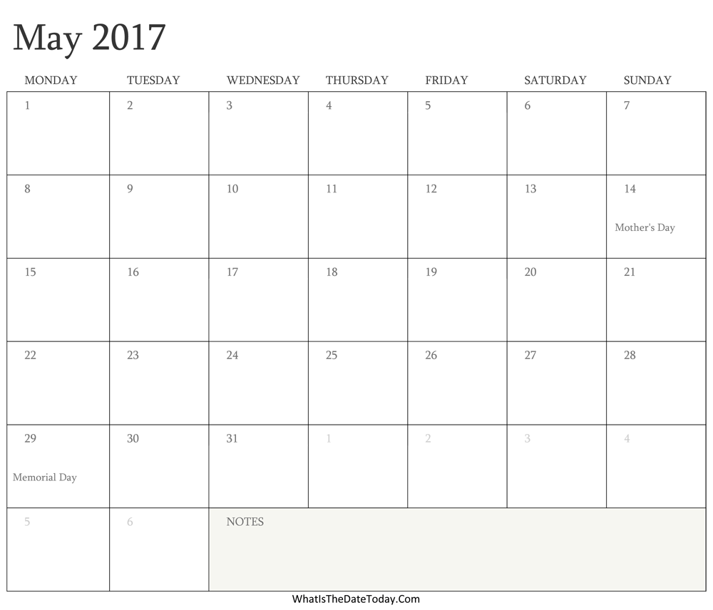 Editable Calendar may 2017 with Holidays