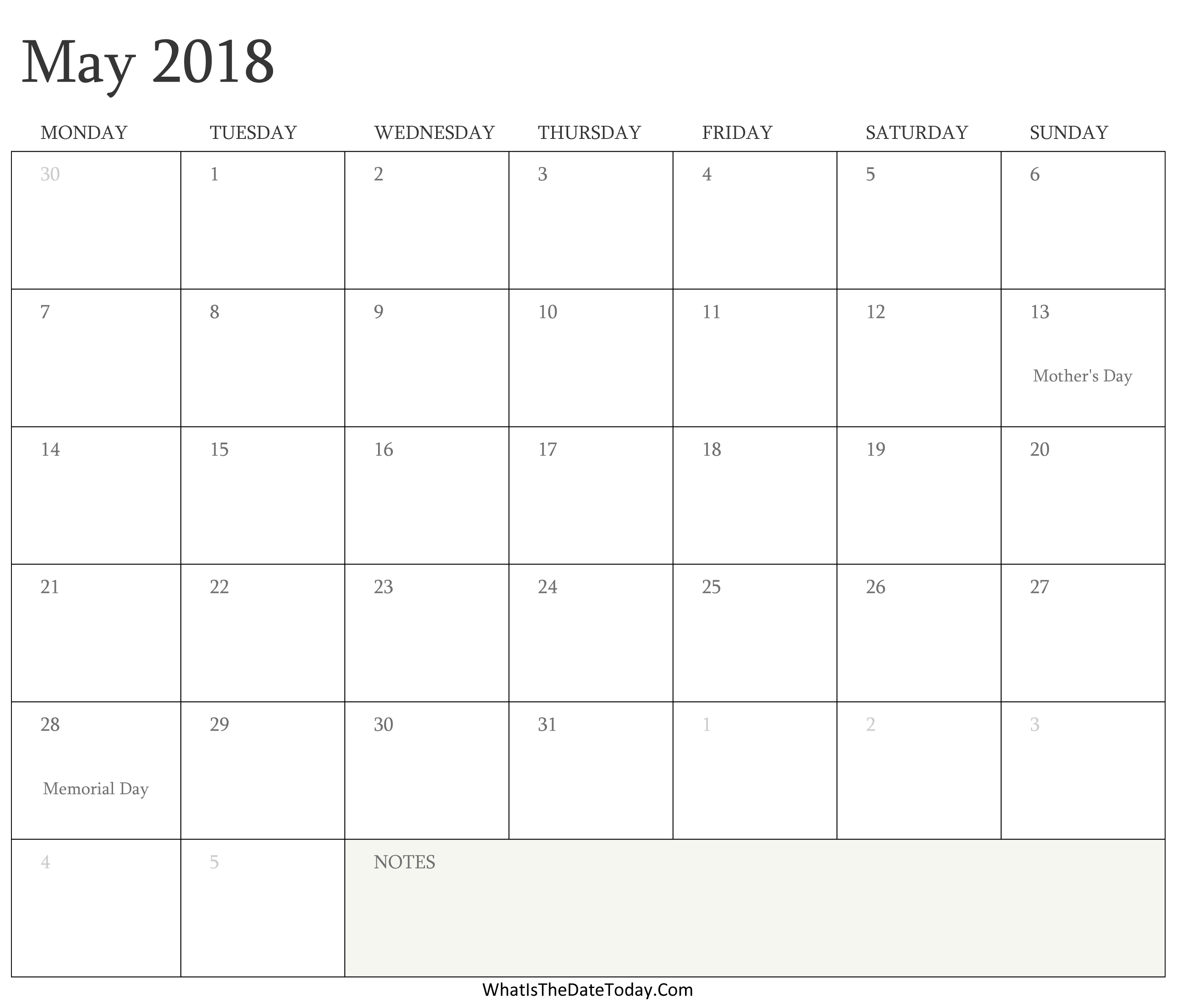 2018 May Editable Calendar