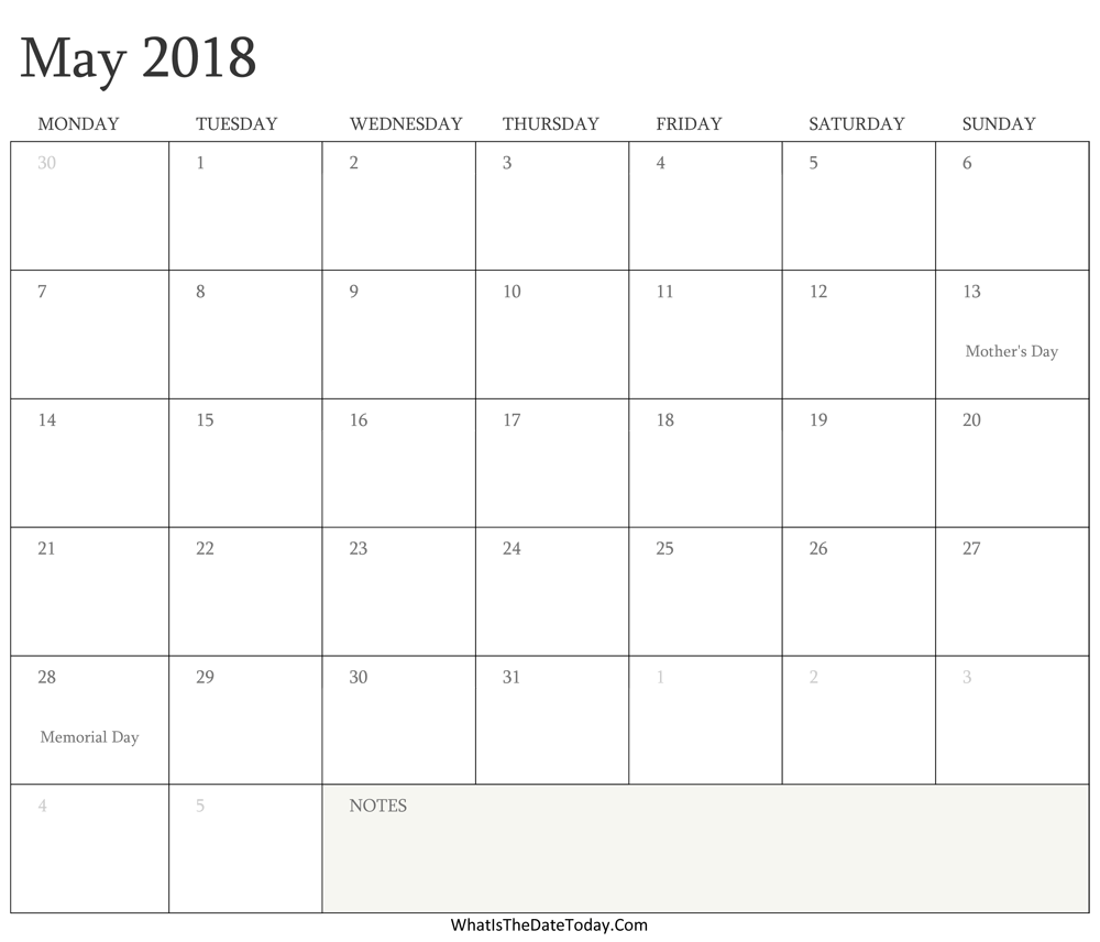 Editable Calendar may 2018 with Holidays