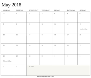 editable calendar may 2018 with holidays