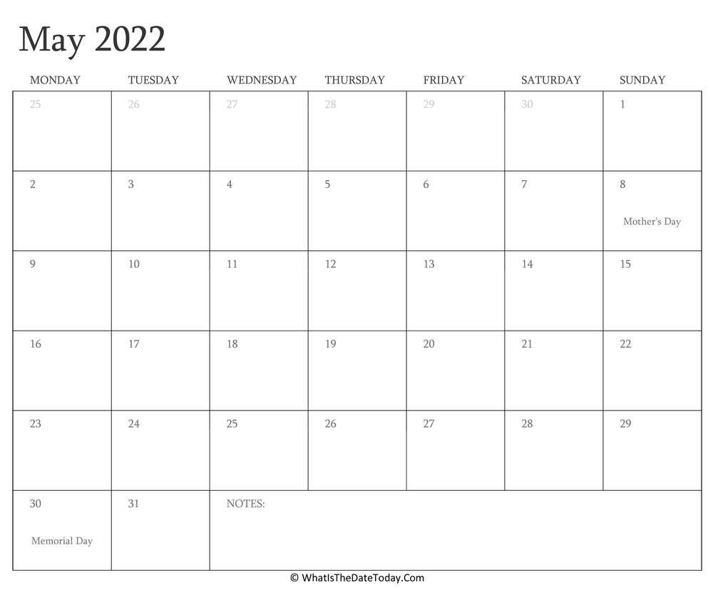 Editable Calendar may 2022 with Holidays