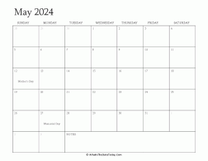 editable calendar may 2024 with holidays