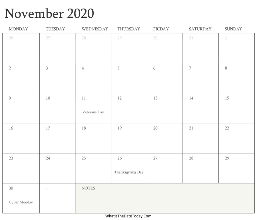 Editable Calendar november 2020 with Holidays