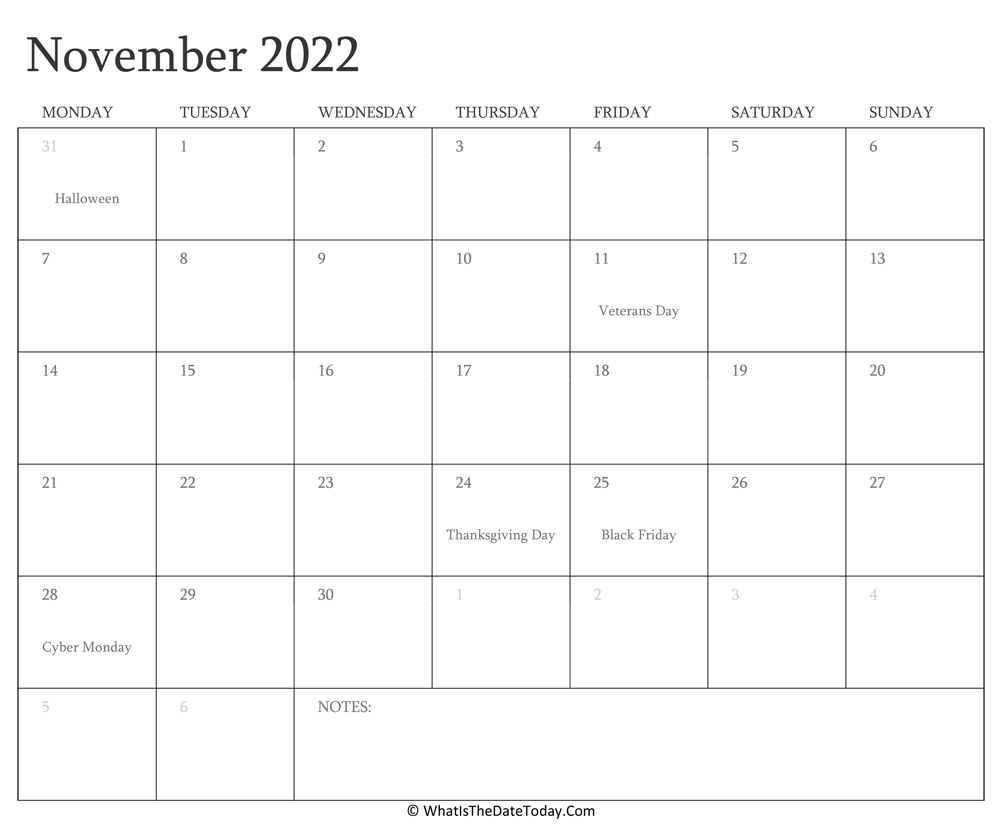November 2022 Editable Calendar Editable Calendar November 2022 With Holidays | Whatisthedatetoday.com