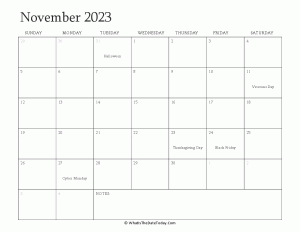editable calendar november 2023 with holidays