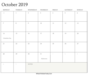 editable calendar october 2019 with holidays
