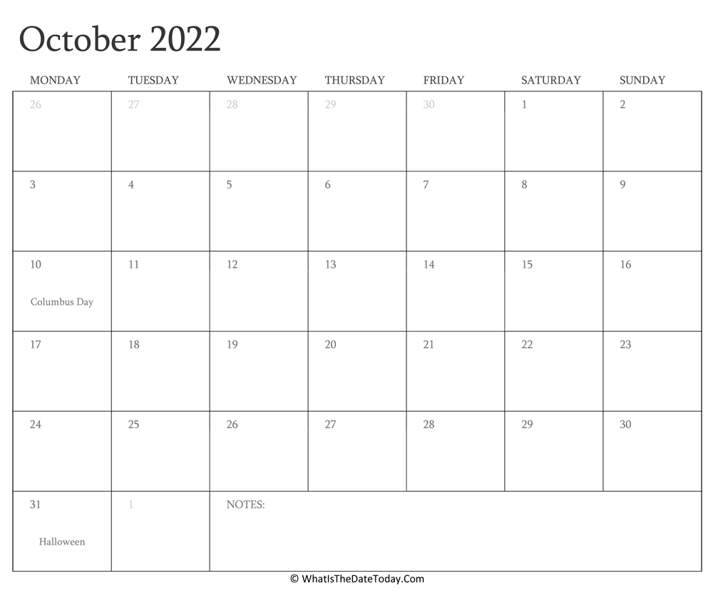Editable Calendar october 2022 with Holidays