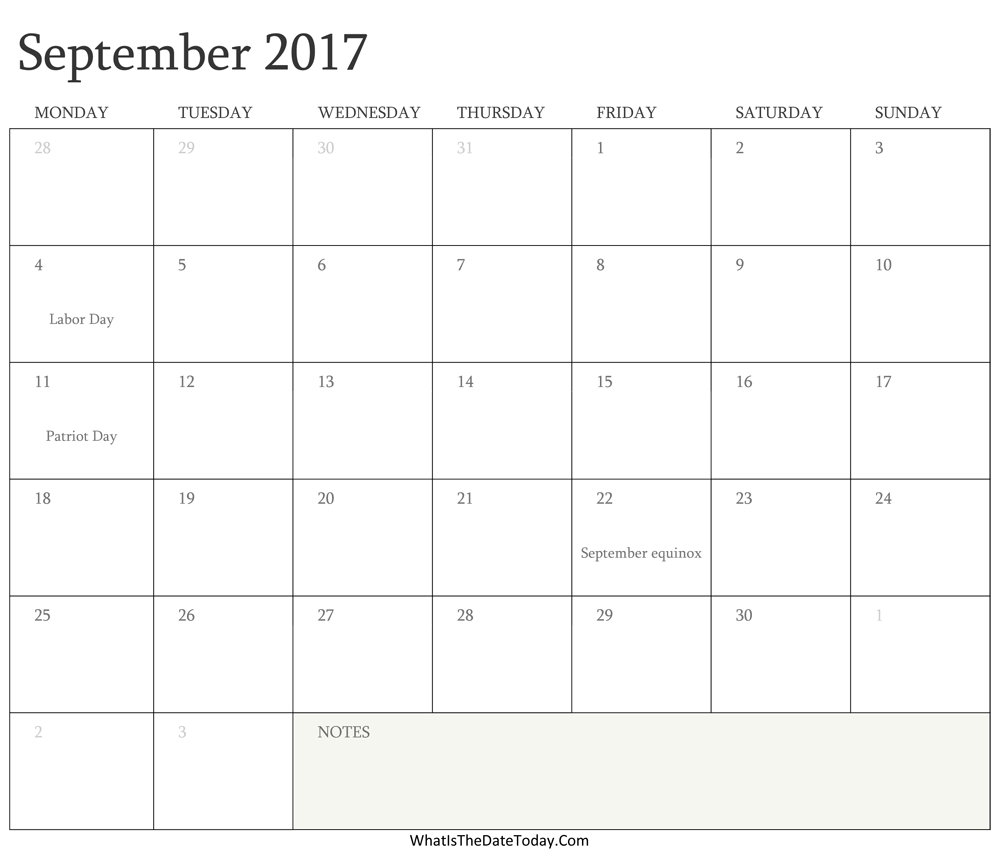 Editable Calendar september 2017 with Holidays