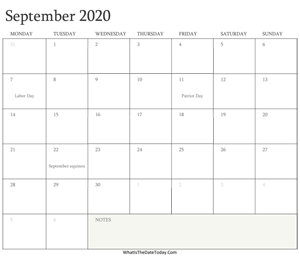 editable calendar september 2020 with holidays