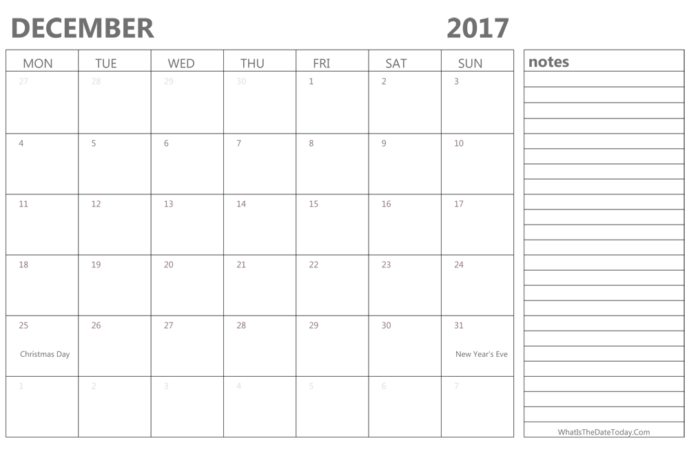 Editable december 2017 Calendar with Holidays and Notes