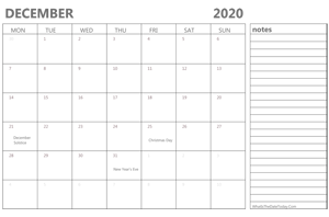 editable 2020 december calendar with notes