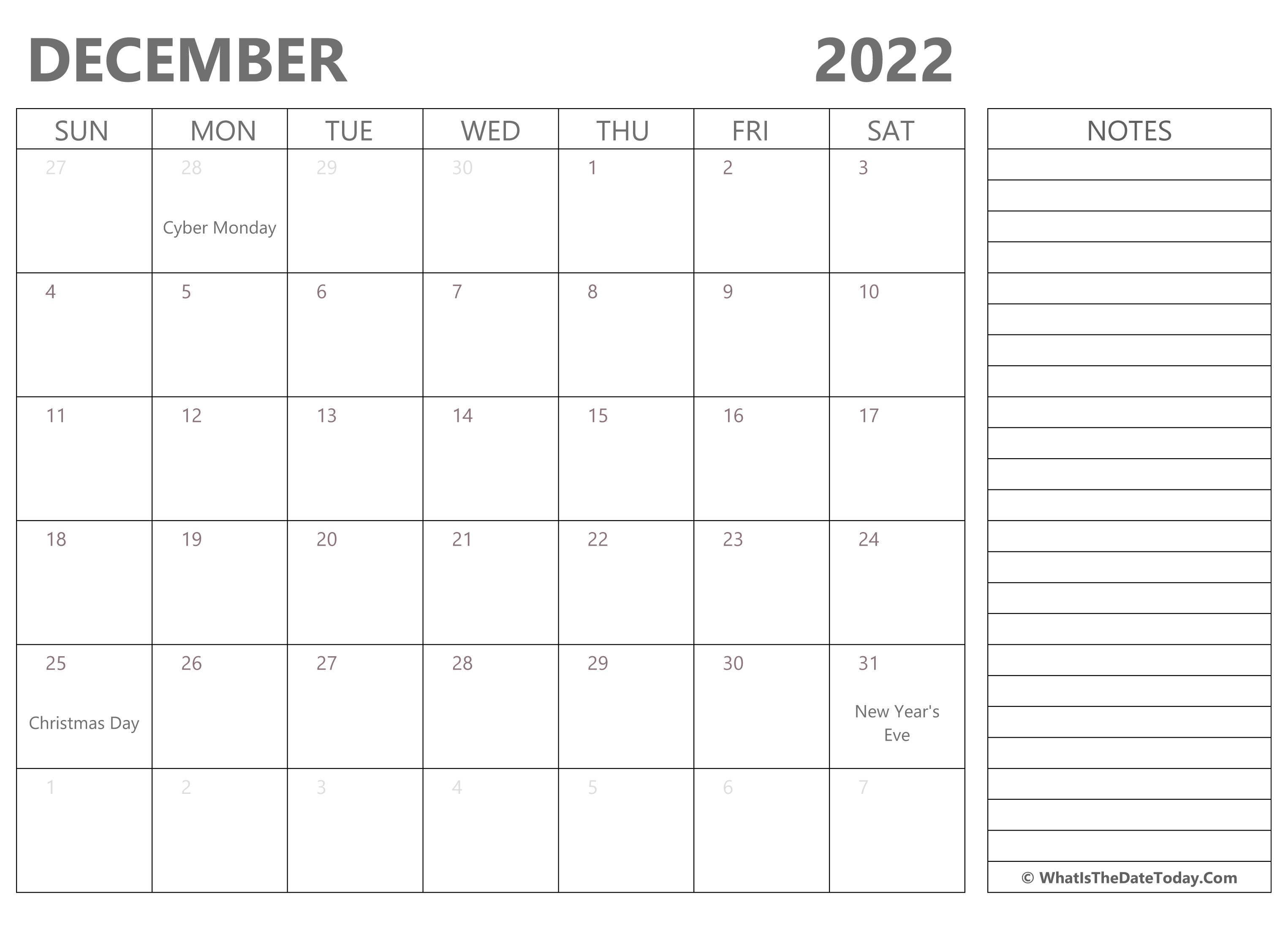 December 2022 Calendar Editable Editable December 2022 Calendar With Holidays And Notes |  Whatisthedatetoday.com