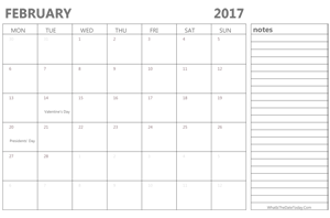 editable february 2017 calendar with holidays and notes