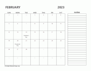 editable february 2023 calendar with holidays and notes