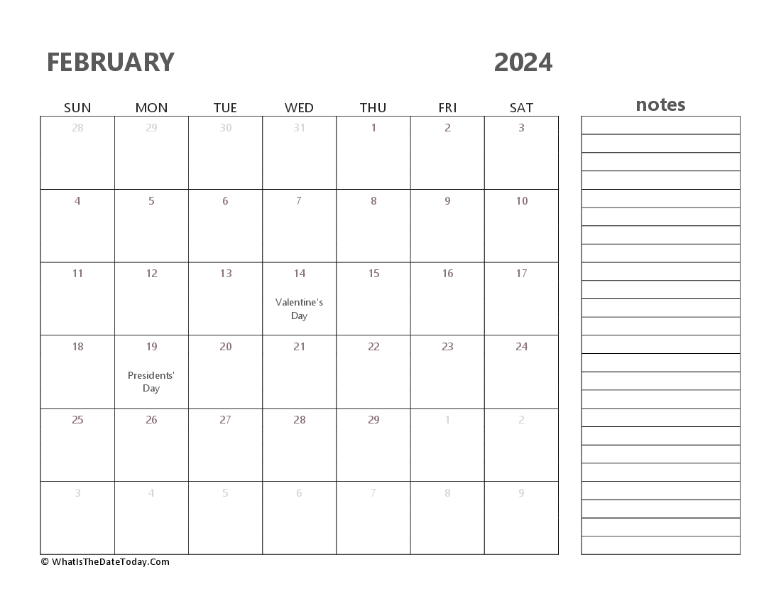 Editable february 2024 Calendar with Holidays and Notes