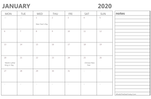 editable january 2020 calendar with holidays and notes