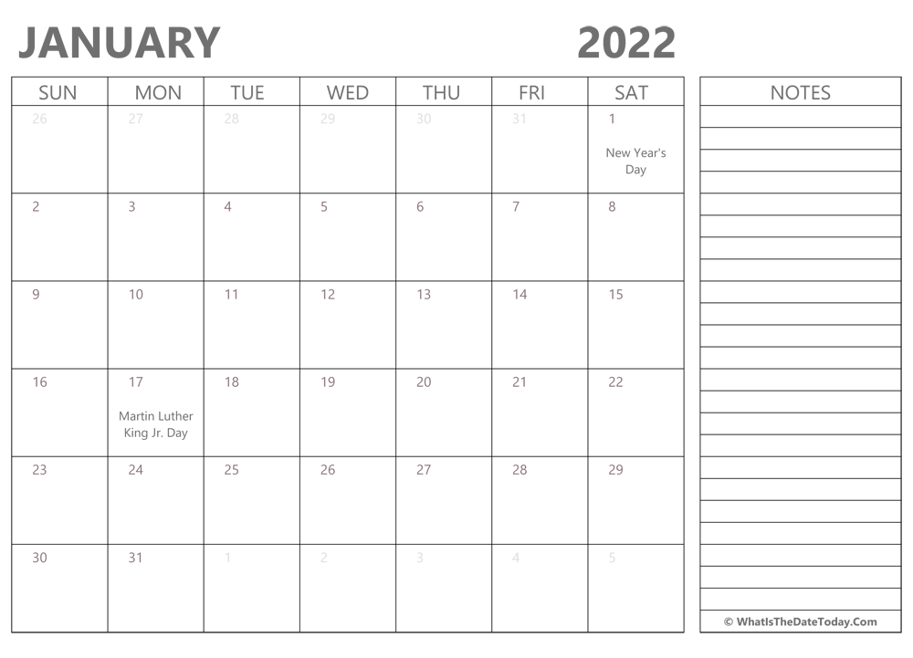 Editable january 2022 Calendar with Holidays and Notes