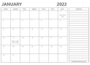 editable january 2022 calendar with holidays and notes