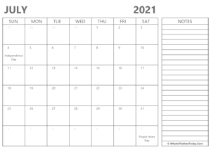 editable july 2021 calendar with holidays and notes