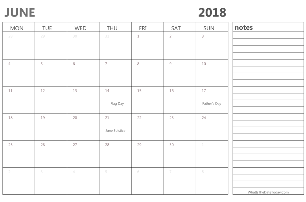 Editable june 2018 Calendar with Holidays and Notes