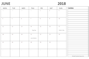 editable june 2018 calendar with holidays and notes