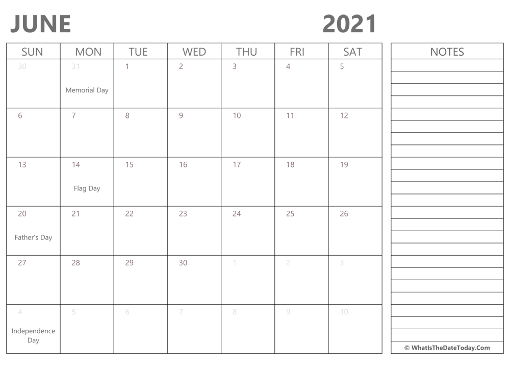 Editable june 2021 Calendar with Holidays and Notes