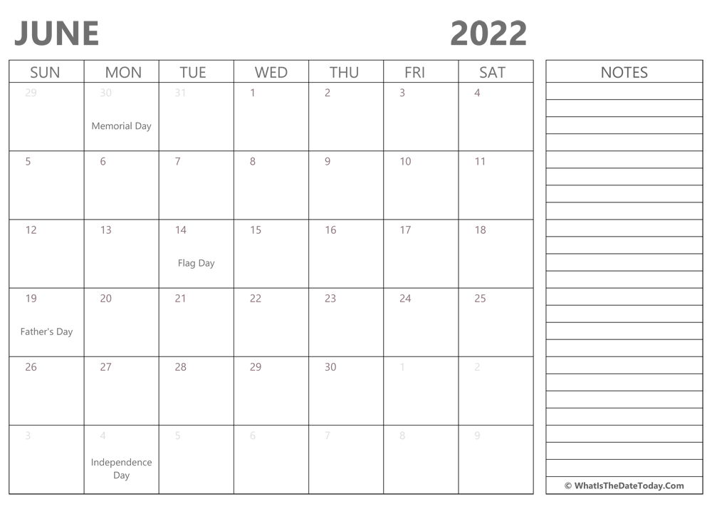 Editable june 2022 Calendar with Holidays and Notes