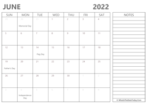 editable june 2022 calendar with holidays and notes