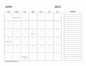 editable june 2023 calendar with holidays and notes