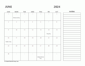 editable june 2024 calendar with holidays and notes