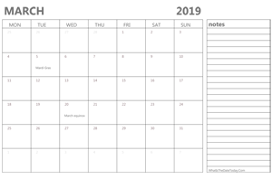 editable 2019 march calendar with notes