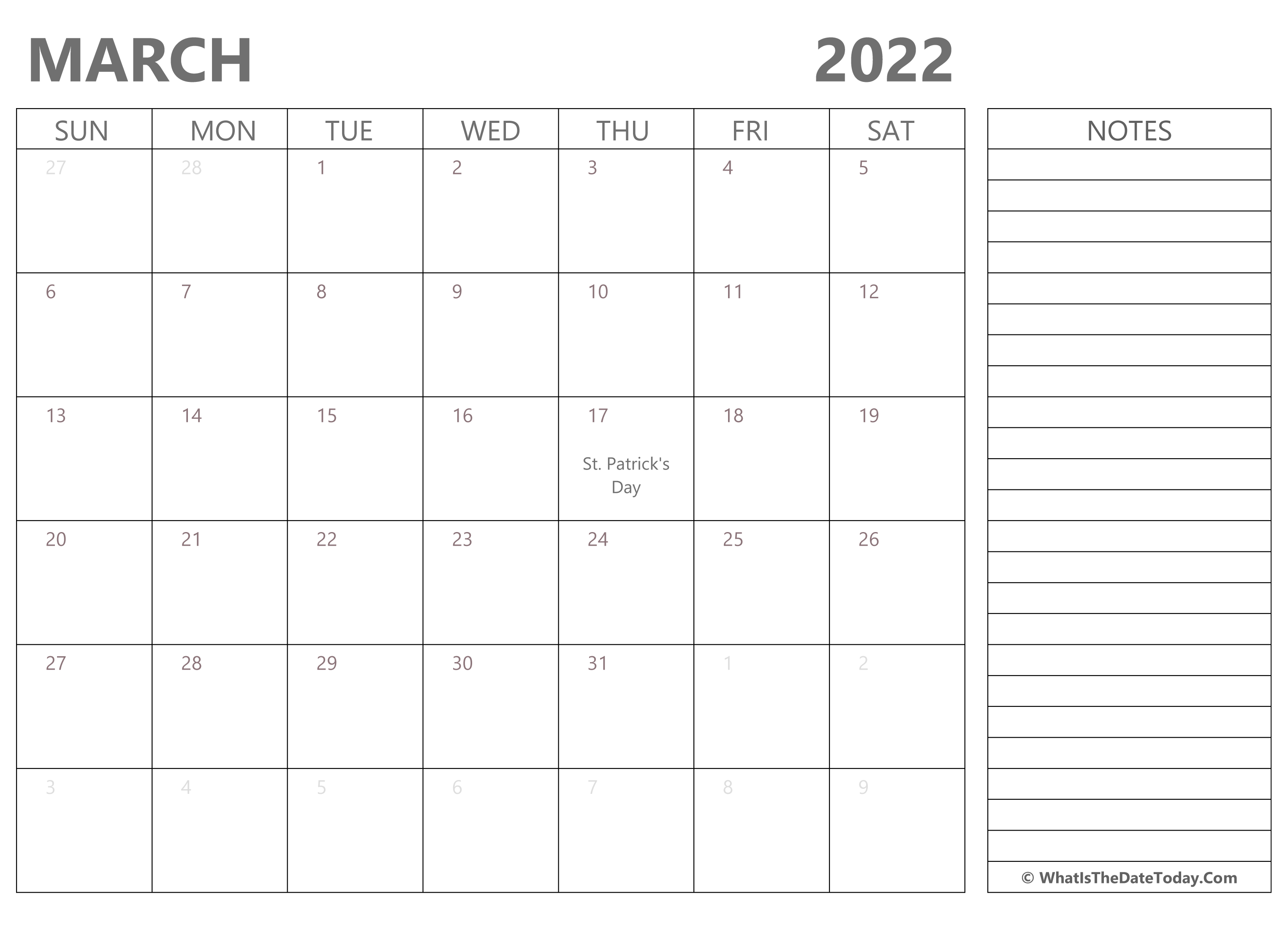 March 2022 Calendar Holidays Editable March 2022 Calendar With Holidays And Notes |  Whatisthedatetoday.com