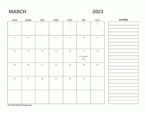 editable march 2023 calendar with holidays and notes