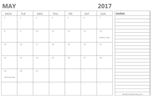 editable may 2017 calendar with holidays and notes