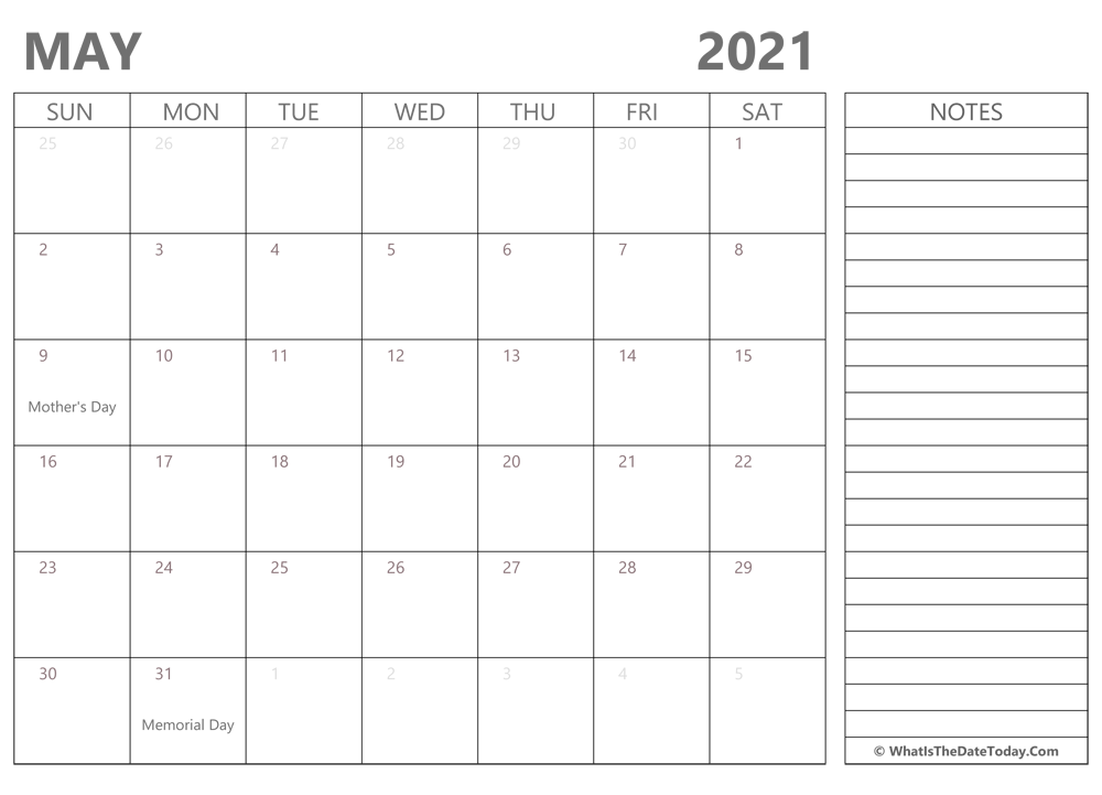 Editable may 2021 Calendar with Holidays and Notes