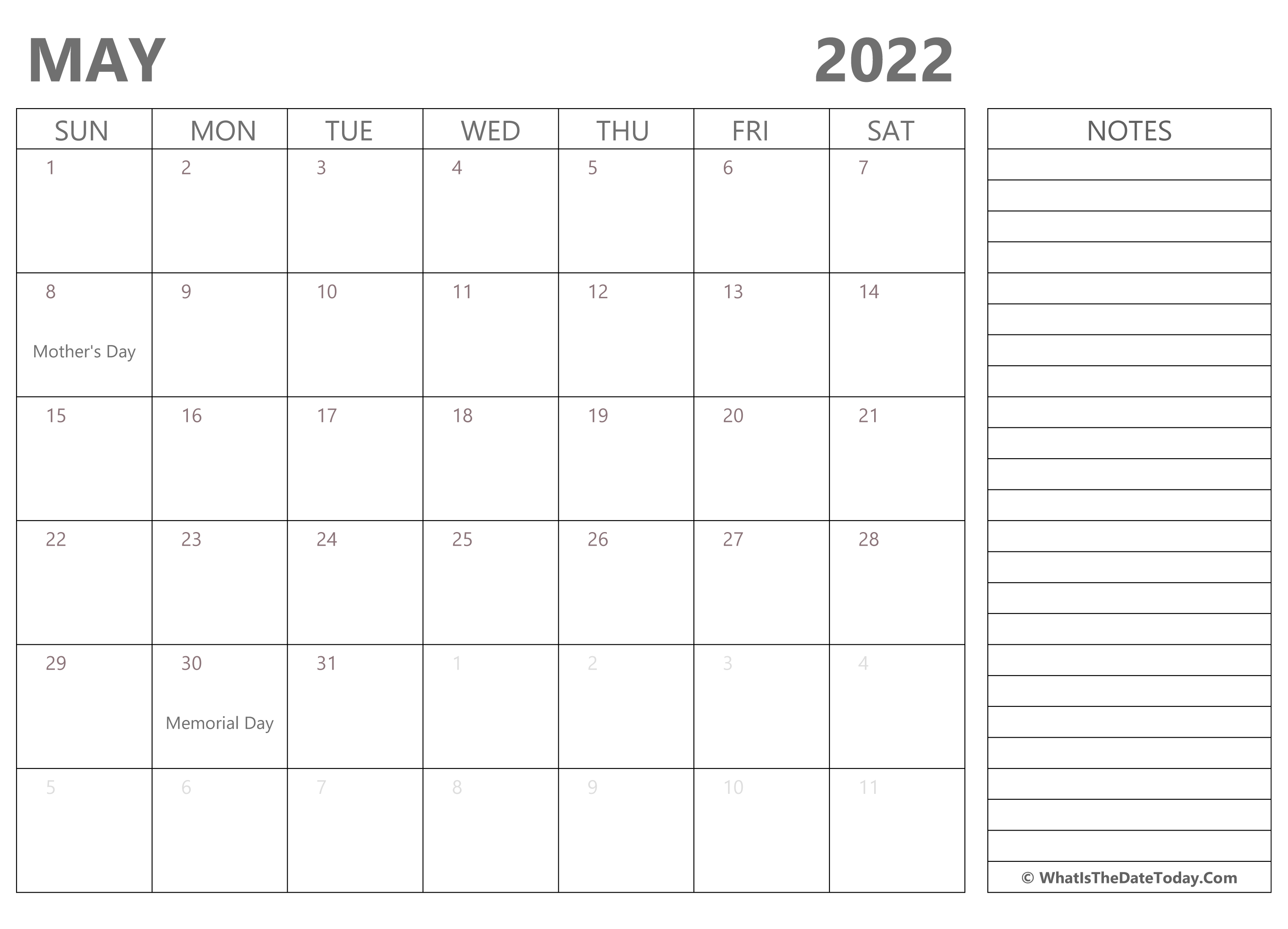 Editable May 2022 Calendar Editable May 2022 Calendar With Holidays And Notes | Whatisthedatetoday.com