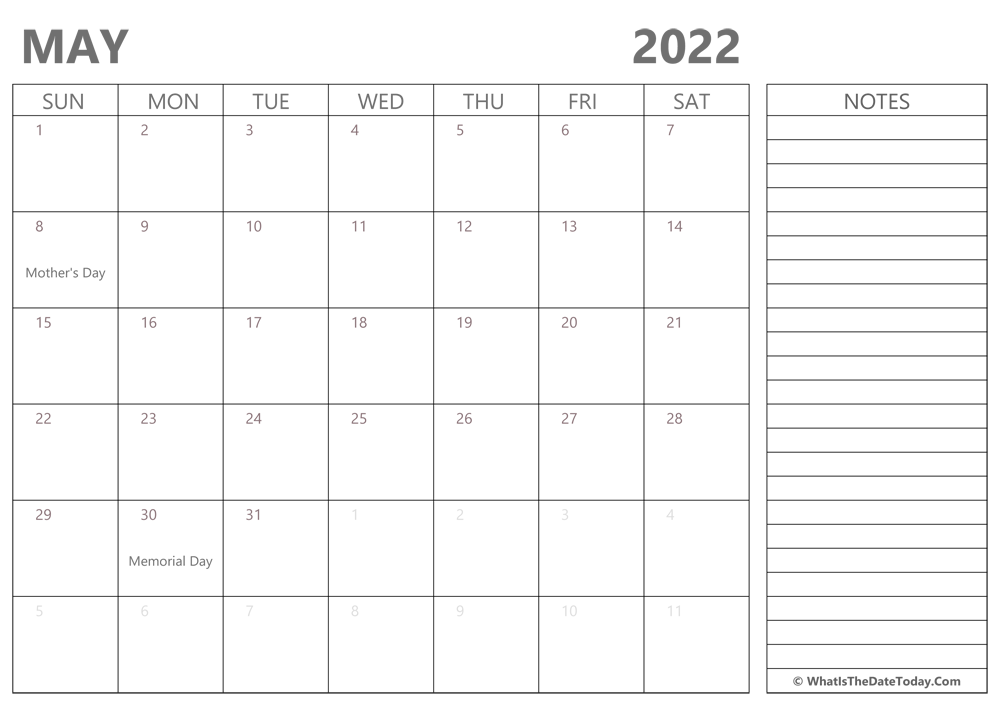 Editable may 2022 Calendar with Holidays and Notes