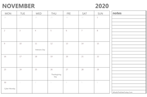 editable november 2020 calendar with holidays and notes