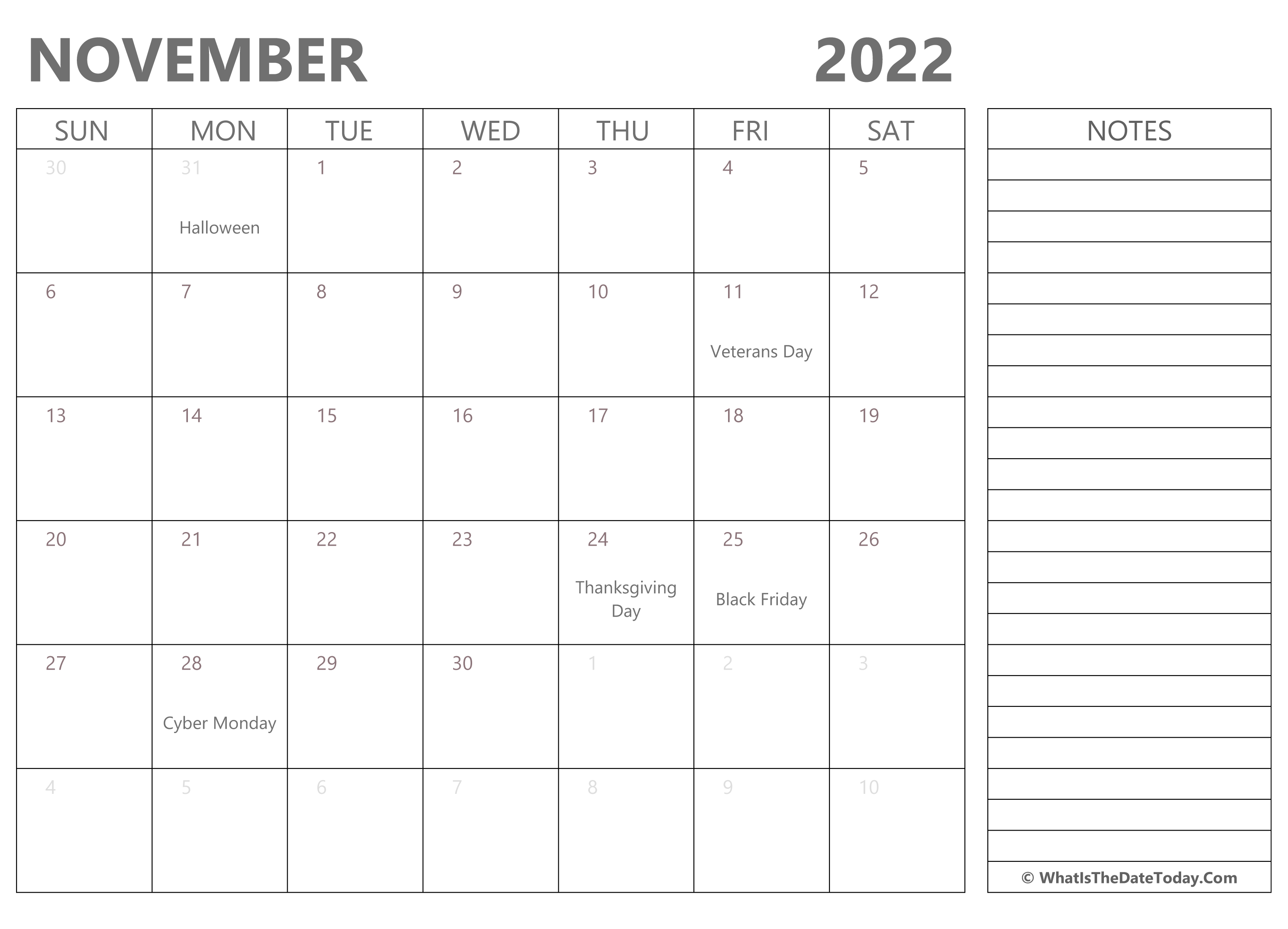 Editable November 2022 Calendar Editable November 2022 Calendar With Holidays And Notes |  Whatisthedatetoday.com