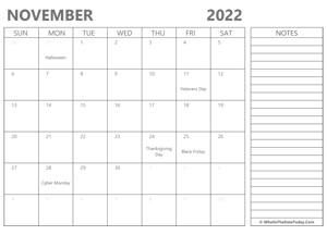 editable november 2022 calendar with holidays and notes